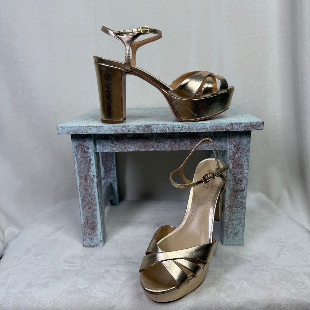 NWT Schutz Keefa Platform Sandals Women 10B Gold Metallic Leather Block Heel